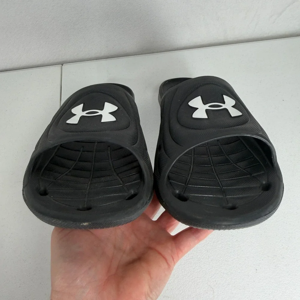 Under Armour Size 12 Slide Locker IV Black White Athletic Pool Gym Sandals